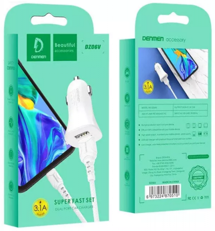 АЗУ Denmen DZ06L, 2USB, 3.1А, + кабель Lightning (white)