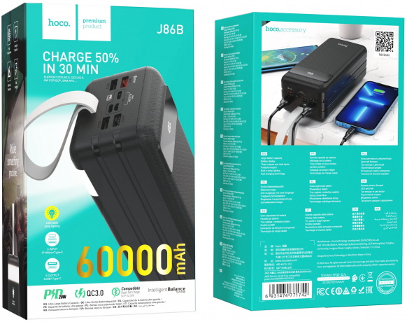Внешний аккумулятор Hoco J86B, 60000мАч PD+QC3.0 + фонарик  black