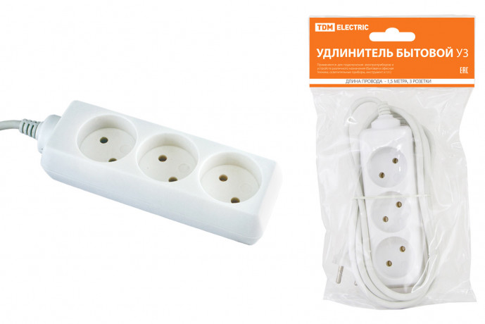 Удлинитель бытовой У3 3 гнезда, 1,5метра, без заземления, ПВС 2х0,75 мм2 10А/250В TDM SQ1303-0200 Удлинитель бытовой У3 3 гнезда, 1,5метра, без заземления, ПВС 2х0,75 мм2 10А/250В TDM SQ1303-0200