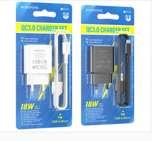 СЗУ Borofone BA72A, 1USB, 3А, QC3.0, 18Вт, + кабель MicroUSB, 1м