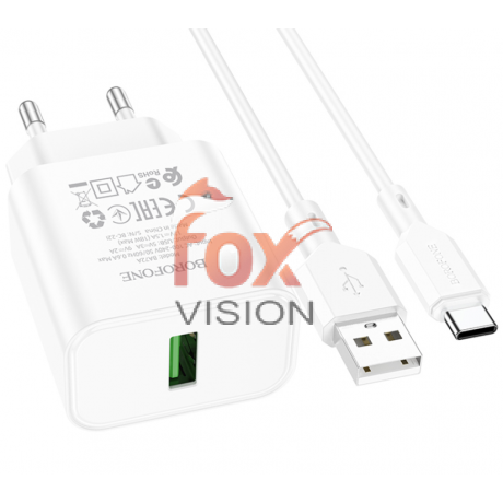 СЗУ Borofone BA72A, 1USB, 3А, QC3.0, 18Вт, + кабель Type-C, 1м (white)
